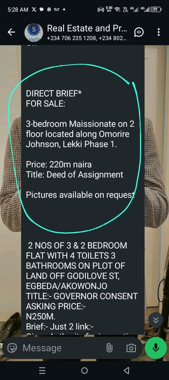 For Sale 3 Bedroom maissionate on 2 floor located along omorire johnson lekki phase 1