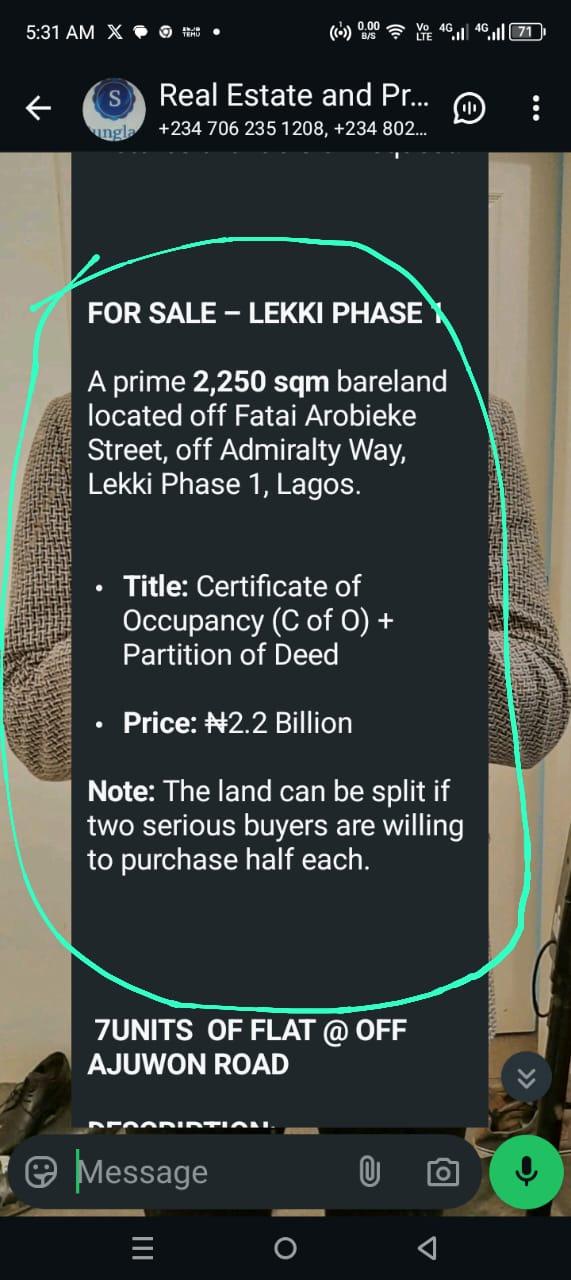 A prime 2250sqm baredland located off fatai arobieke street off Admiralty way Lekki phase 1, Lagos