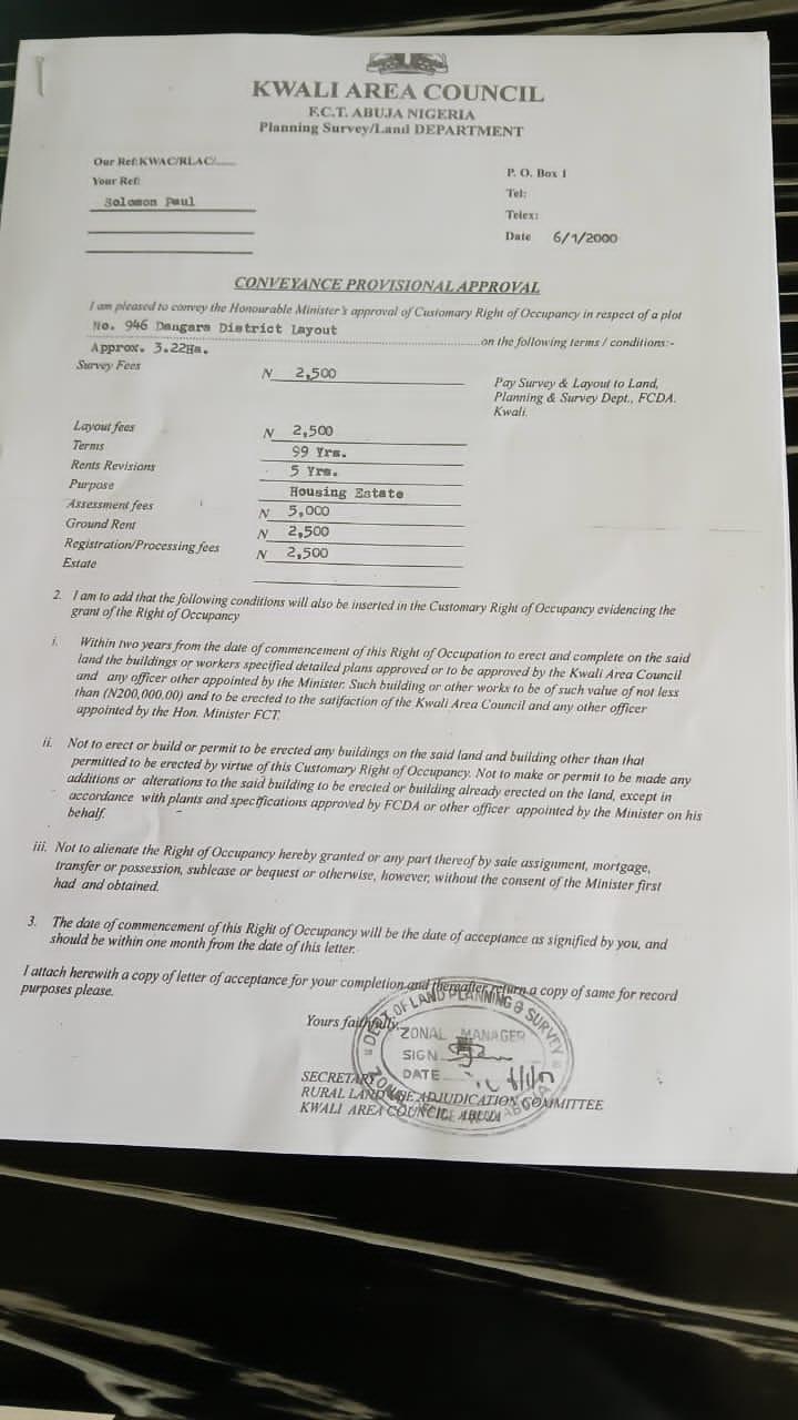 Land for Sale ,I have a land document for kwali area council, 3.228 hectares in kwali, can be used for a housing estate.  Price: 15m net